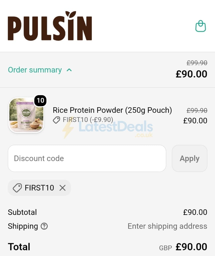 Screenshot of the Pulsin discount code working