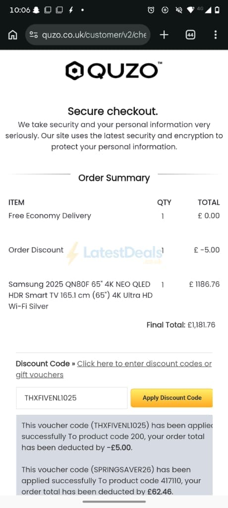 Screenshot of the Quzo UK discount code working