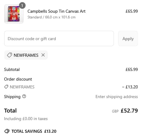 Screenshot of the Wall Art Direct discount code working