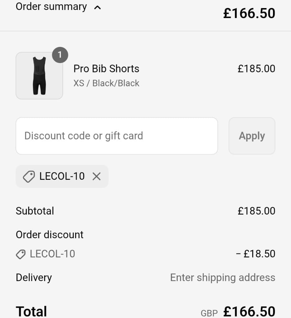 Screenshot of the Le Col discount code working