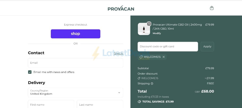 Screenshot of the Provacan discount code working
