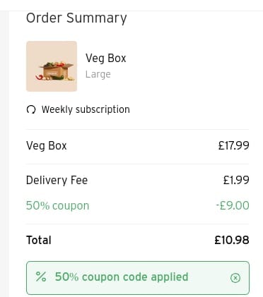Screenshot of the Oddbox discount code working