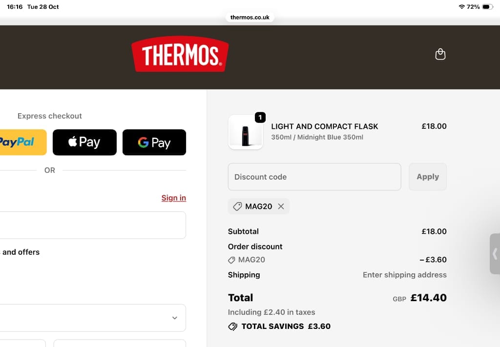 Screenshot of the Thermos discount code working