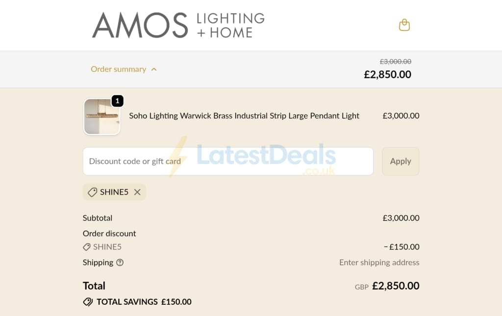 Screenshot of the AMOS Lighting discount code working
