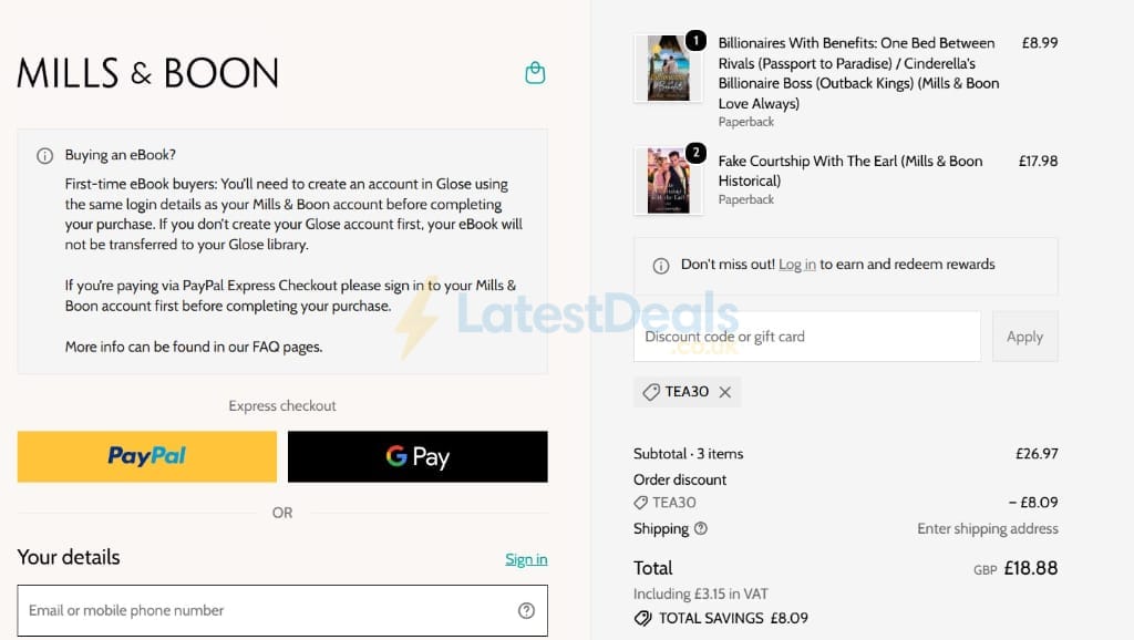 Screenshot of the Mills & Boon discount code working