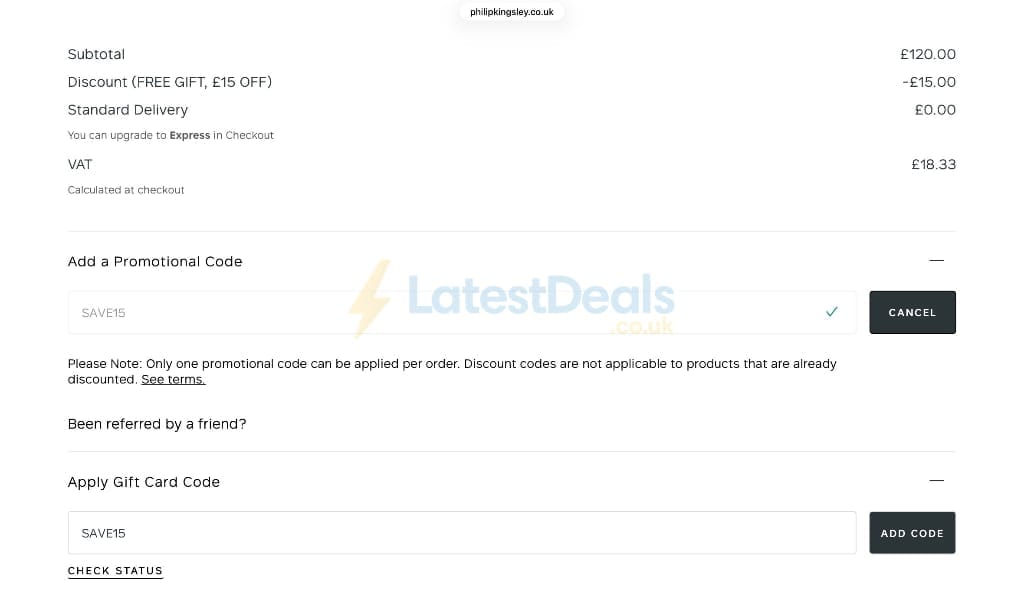Screenshot of the Philip Kingsley discount code working