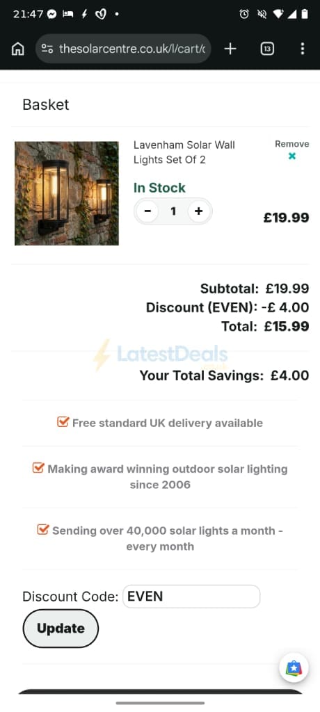 Screenshot of the Solar Centre discount code working