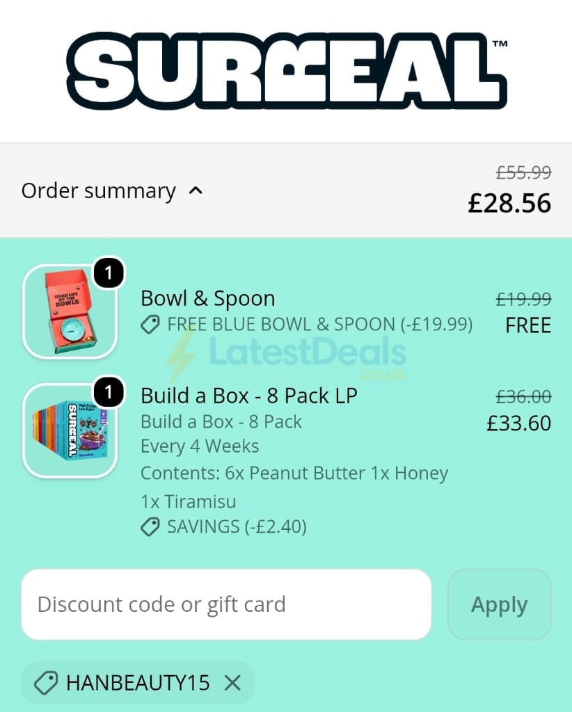 Screenshot of the Surreal Cereal discount code working