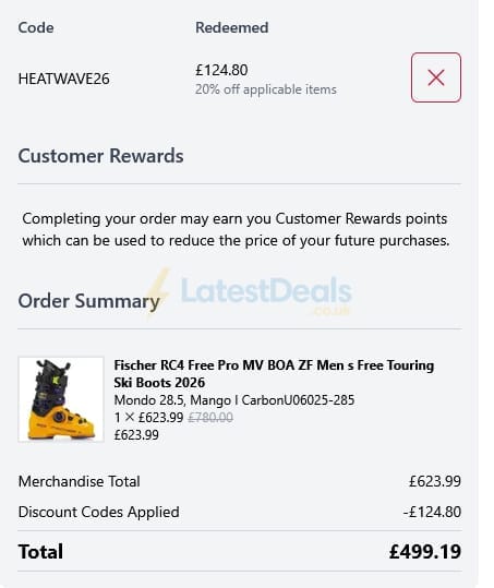 Screenshot of the the skiers lounge wintersports discount code working