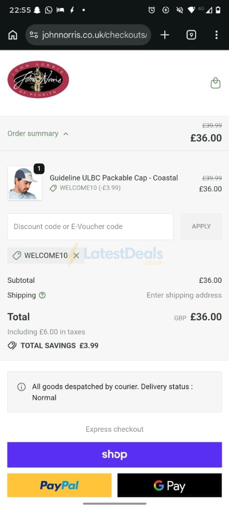 Screenshot of the John Norris discount code working