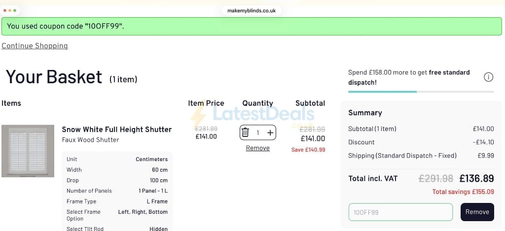 Screenshot of the Make My Blinds discount code working