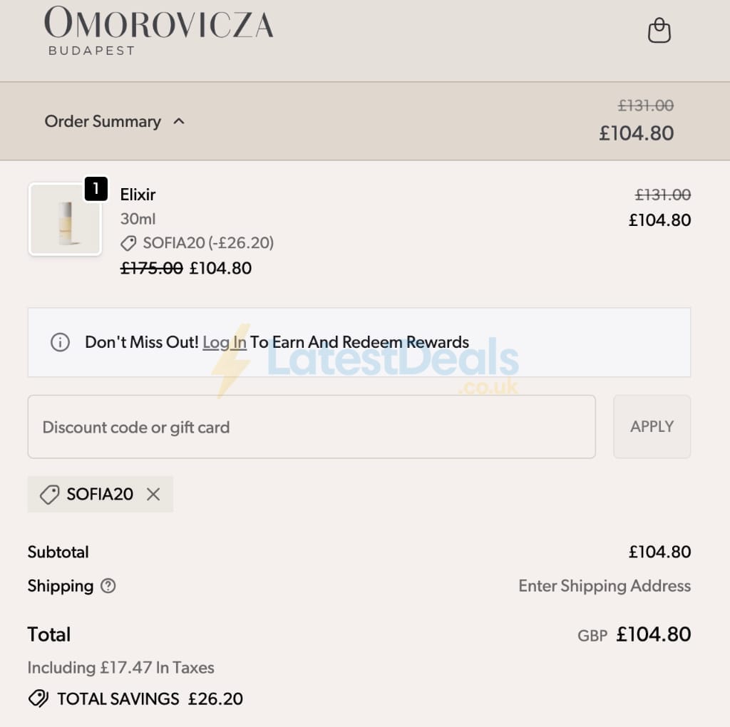 Screenshot of the Omorovicza discount code working