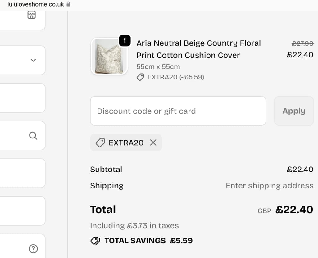 Screenshot of the LULU Loves discount code working