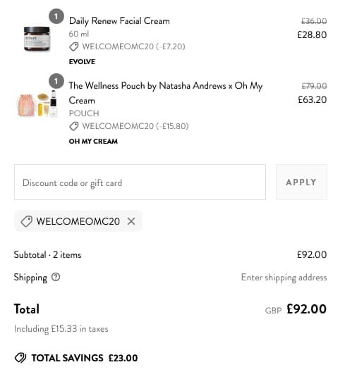 Screenshot of the Oh My Cream discount code working
