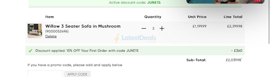 Screenshot of the Woods Furniture discount code working