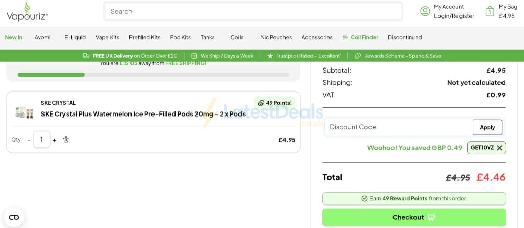 Screenshot of the Vapouriz Electronic Cigarettes discount code working