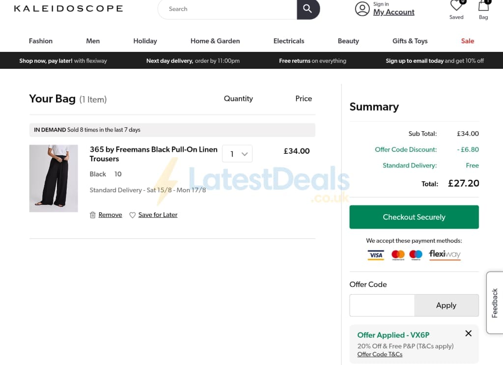 Screenshot of the Kaleidoscope discount code working