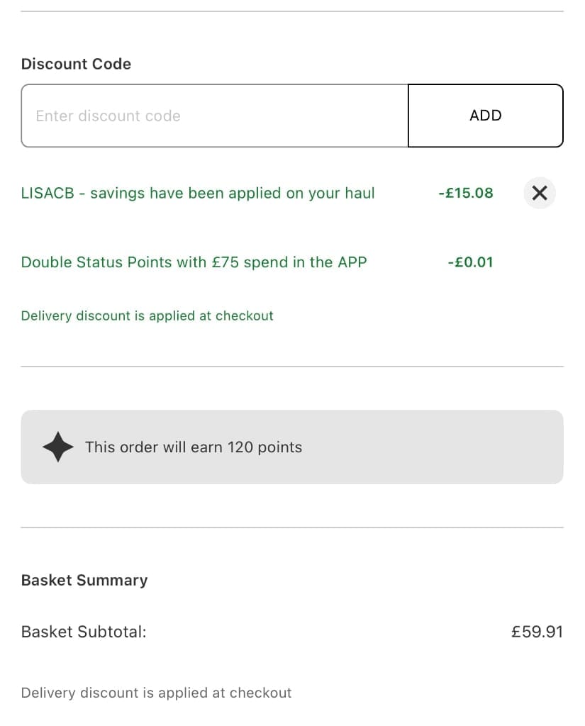 Screenshot of the Cult Beauty discount code working