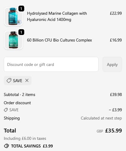 Screenshot of the Nutravita discount code working