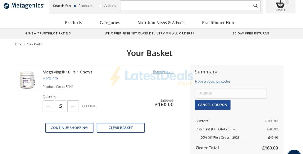 Screenshot of the Metagenics UK discount code working