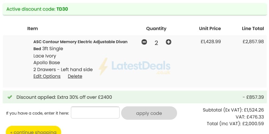 Screenshot of the Archers Sleepcentre discount code working