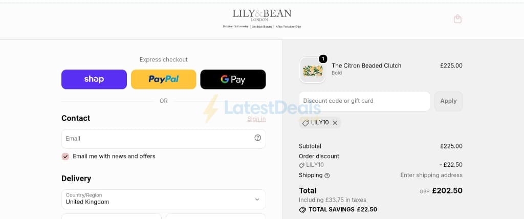 Screenshot of the Lily and Bean discount code working