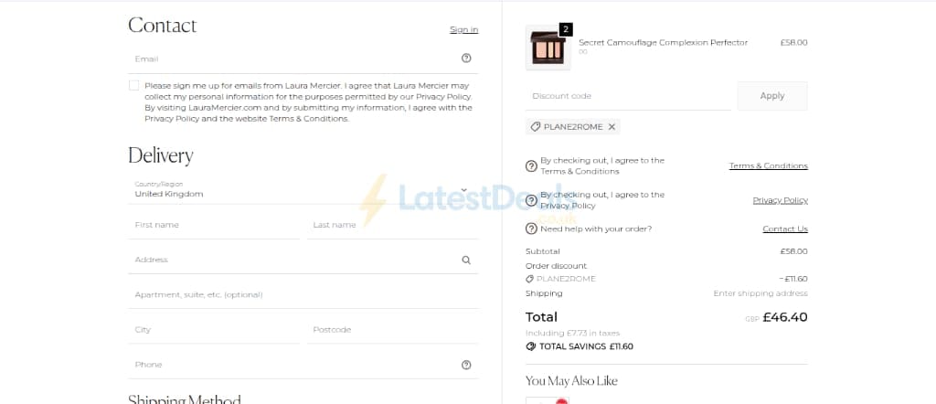 Screenshot of the Laura Mercier discount code working