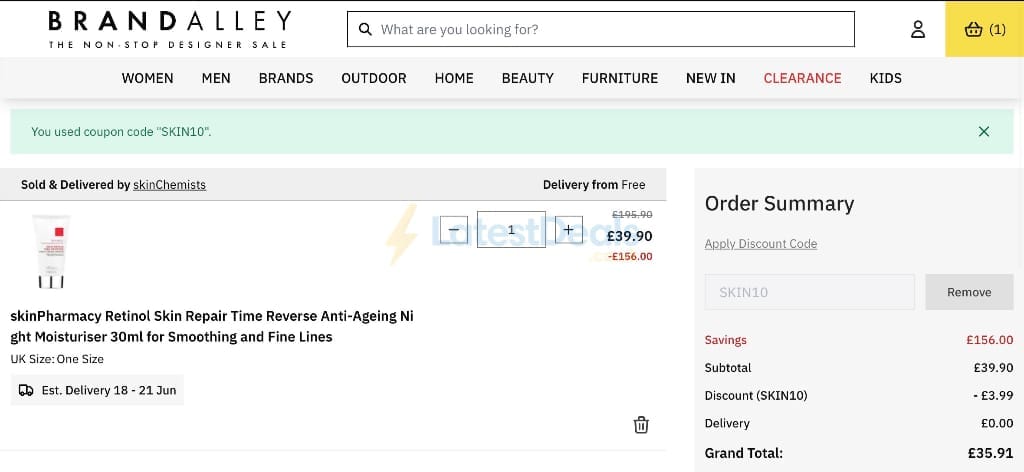 Screenshot of the BrandAlley discount code working