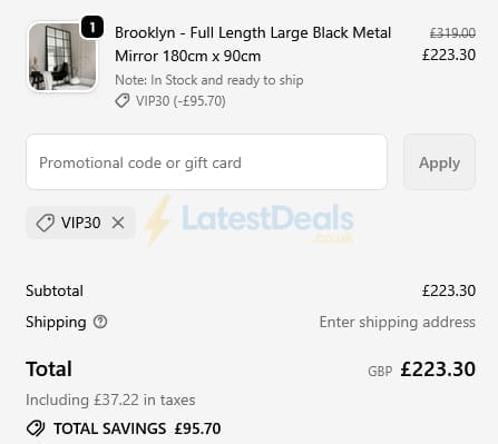 Screenshot of the William Wood Mirrors discount code working