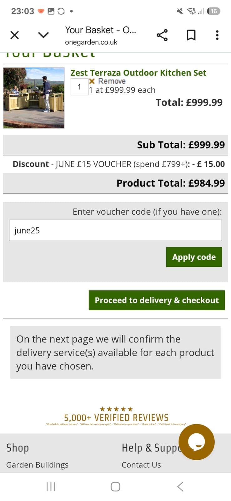 Screenshot of the One Garden discount code working