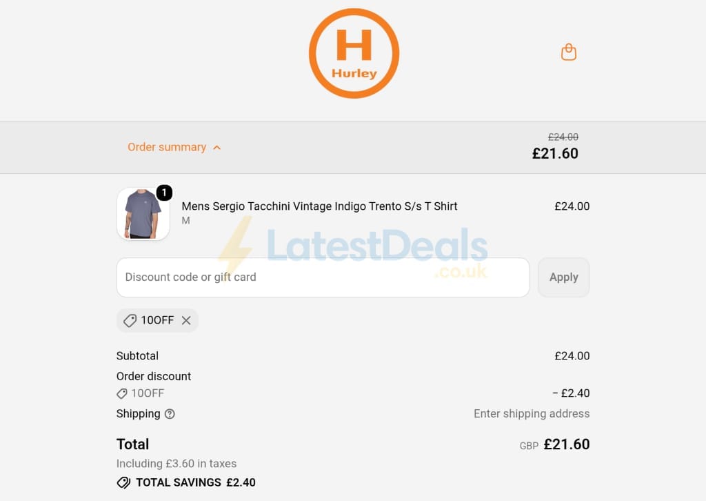 Screenshot of the Hurleys discount code working