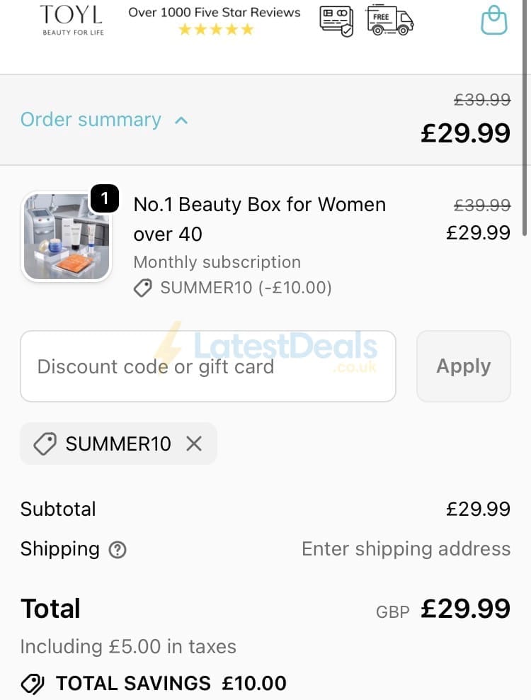Screenshot of the Toyl discount code working