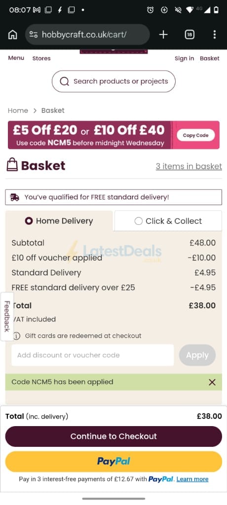 Screenshot of the Hobbycraft discount code working