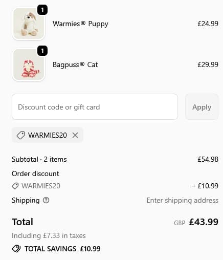 Screenshot of the Warmies discount code working