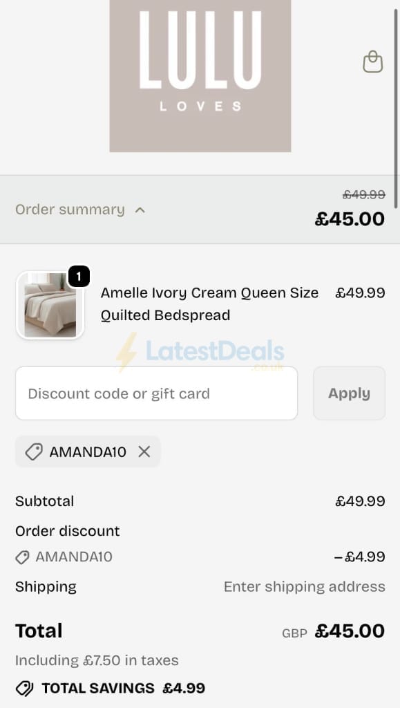 Screenshot of the LULU Loves discount code working