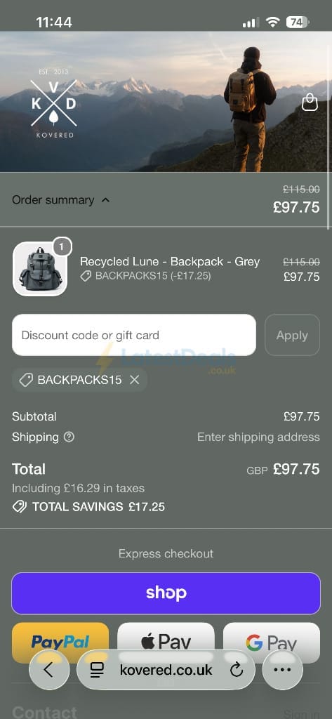 Screenshot of the KOVERED discount code working