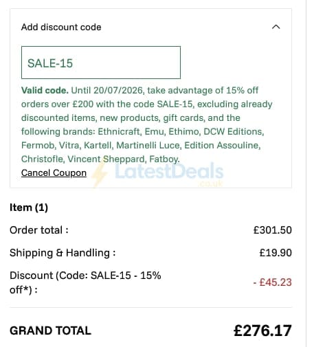 Screenshot of the Made in Design discount code working
