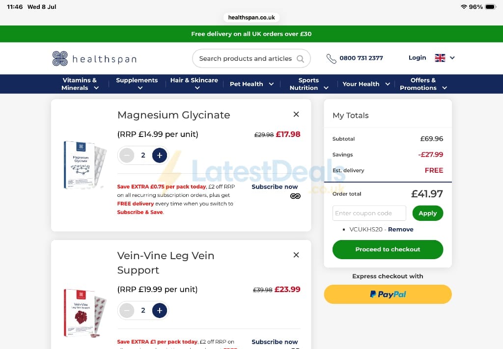 Screenshot of the Healthspan discount code working