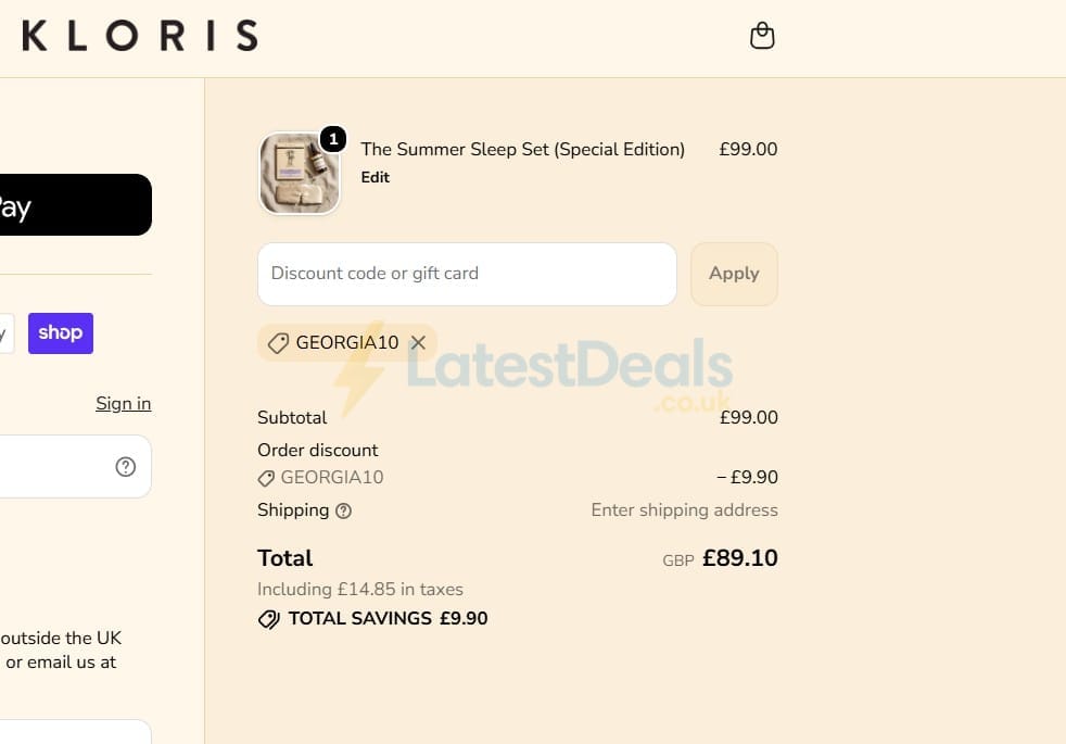 Screenshot of the Kloris discount code working