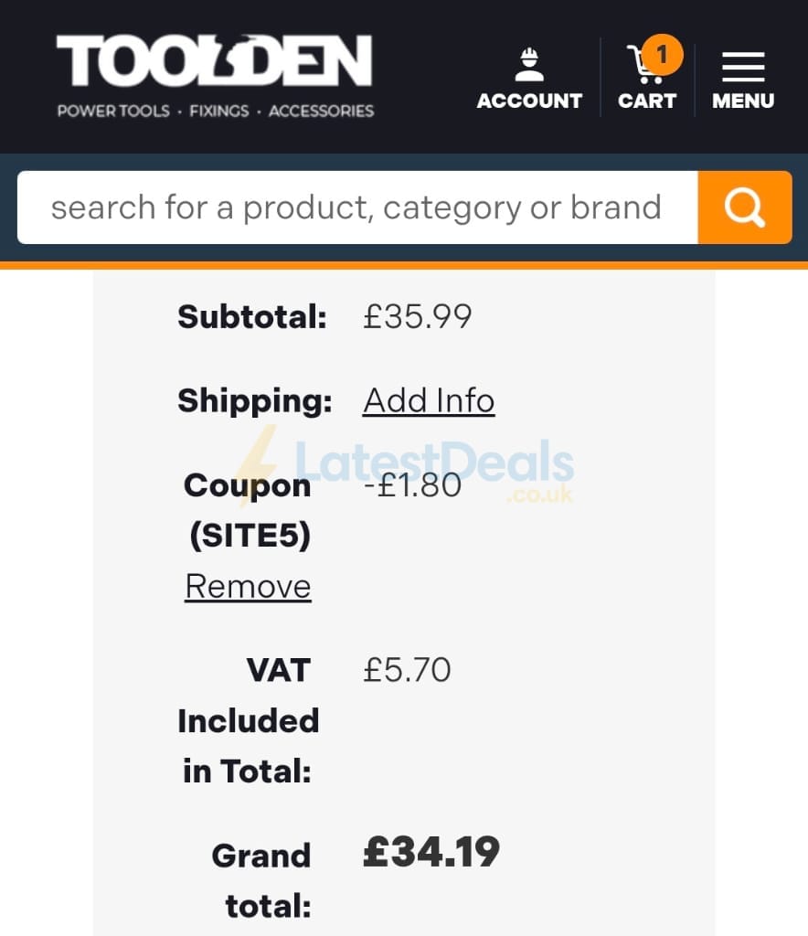 Screenshot of the Toolden discount code working