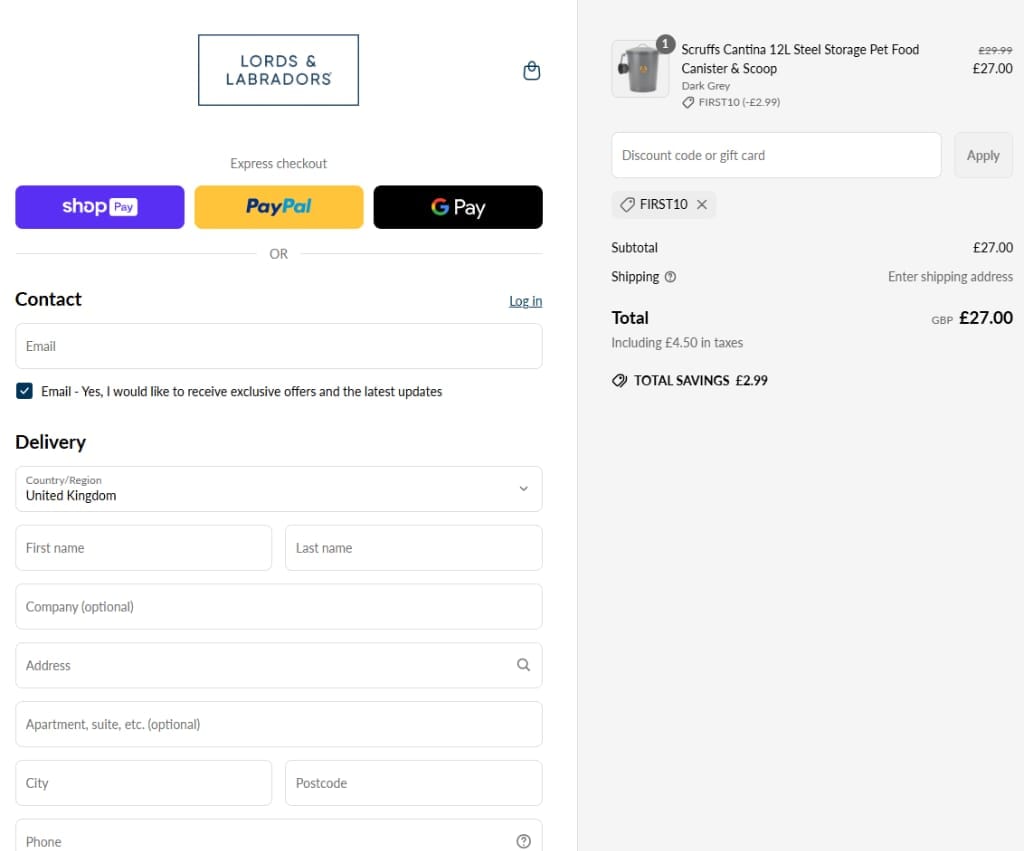 Screenshot of the Lords & Labradors discount code working