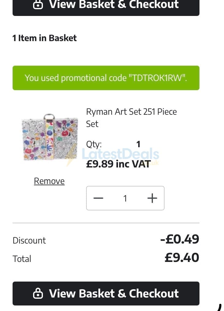 Screenshot of the Ryman discount code working