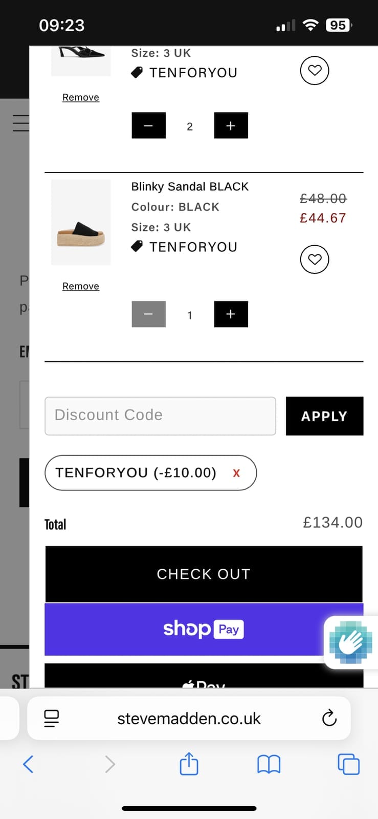 Screenshot of the Steve Madden discount code working