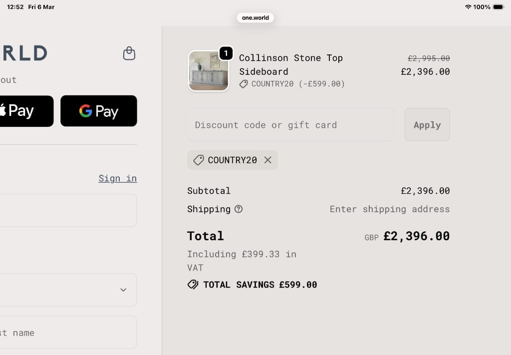 Screenshot of the One World Trading discount code working