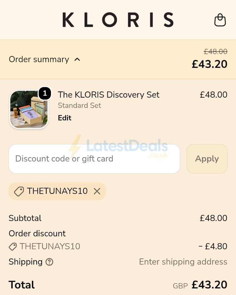 Screenshot of the Kloris discount code working