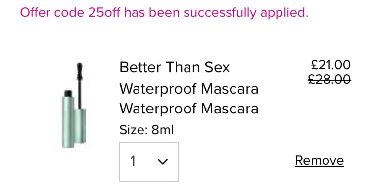Screenshot of the Toofaced discount code working