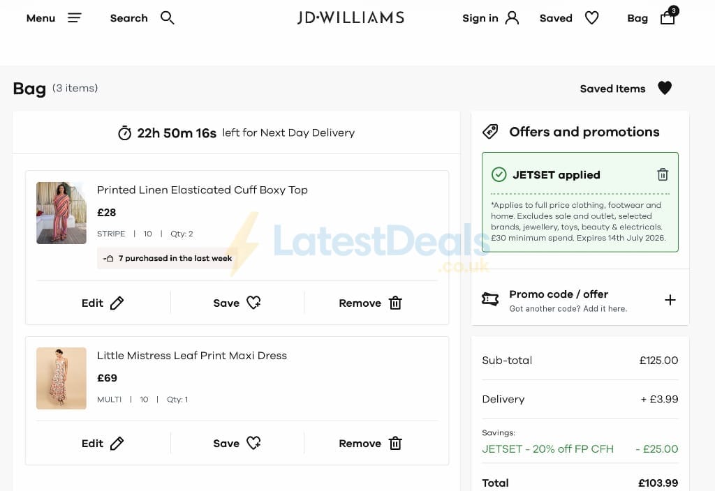 Screenshot of the JD Williams discount code working