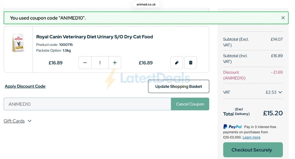 Screenshot of the Animed Direct discount code working