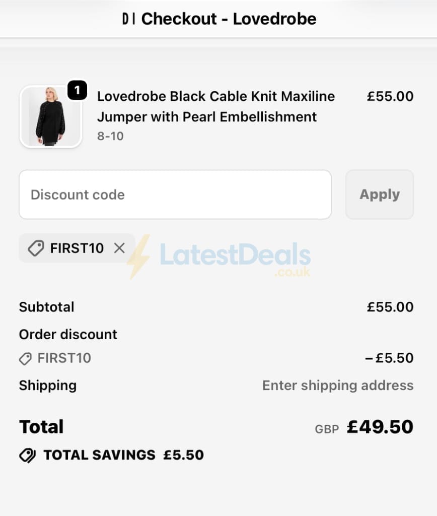 Screenshot of the Lovedrobe discount code working