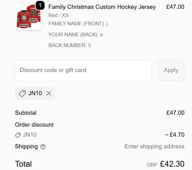 Screenshot of the The Jersey Nation discount code working